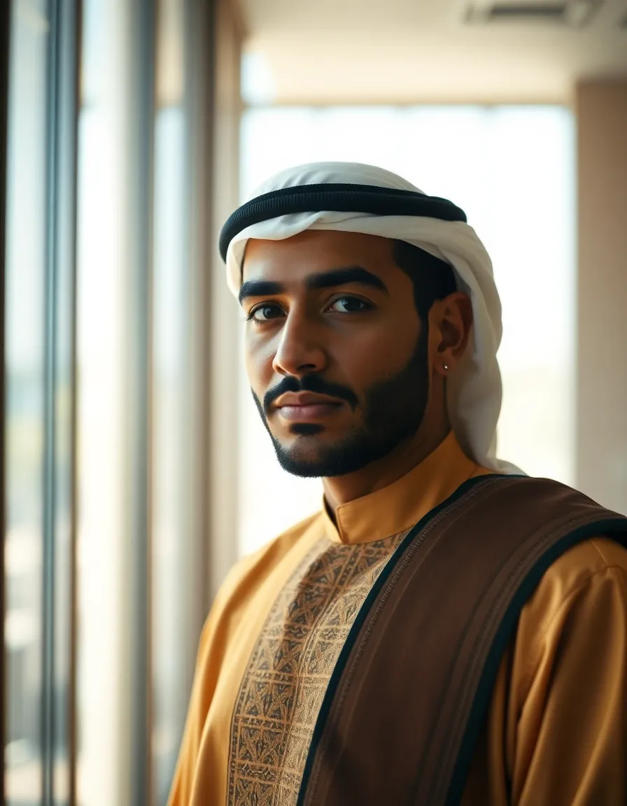 This vibrant portrait showcases a young Middle Eastern man dressed in traditional attire, perfectly illuminated by soft diffused daylight streaming through large windows. The richness of the colors creates a lively atmosphere, while intricate details of his clothing are sharply focused. The airy background contributes to a sense of depth, with leading lines guiding the viewer's eye directly to his engaging expression. This image beautifully captures cultural elegance and contemporary style.