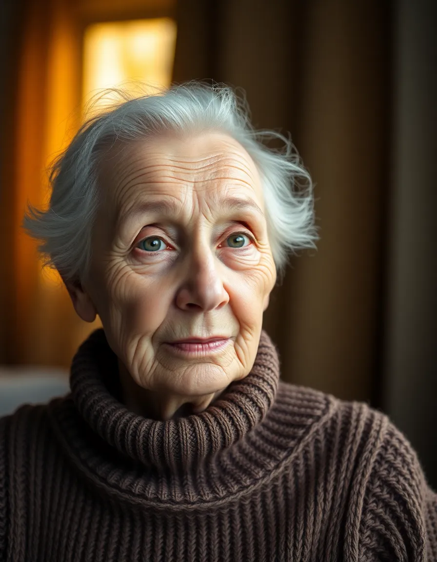 A captivating portrait of an elderly woman with deep wrinkles that tell stories of a long life. The soft, warm light from the window accentuates her expressive eyes, providing a comforting atmosphere. The texture of her knitted sweater contrasts beautifully with her weathered skin, showcasing both strength and vulnerability. Positioned using the rule of thirds, this image draws viewers into her world.