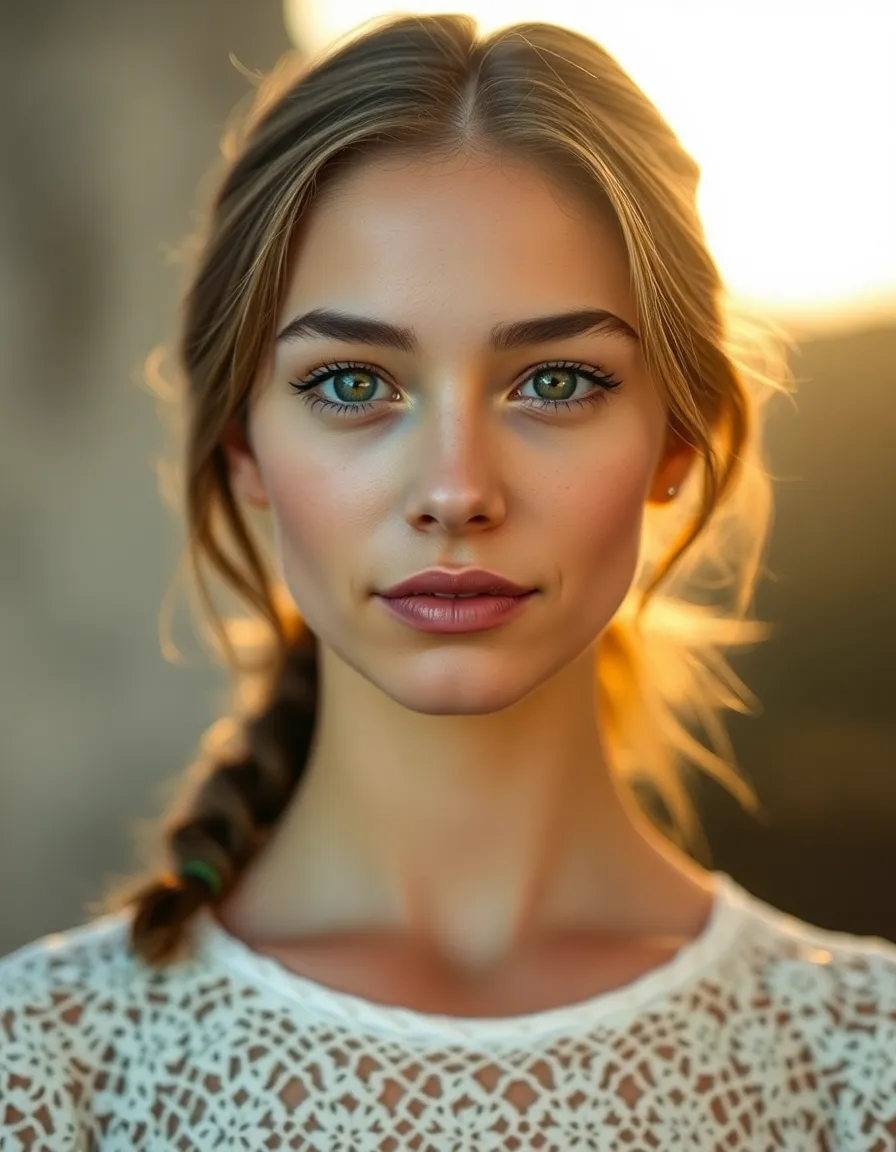 This serene portrait features a woman dressed in a delicate lace top, bathed in soft butterfly lighting that enhances her gentle features. The muted earthy tones contribute to a tranquil atmosphere, while the centered composition reinforces the elegance of her expression. This image is perfect for fashion editorial and beauty applications, evoking a sense of calm and sophistication.