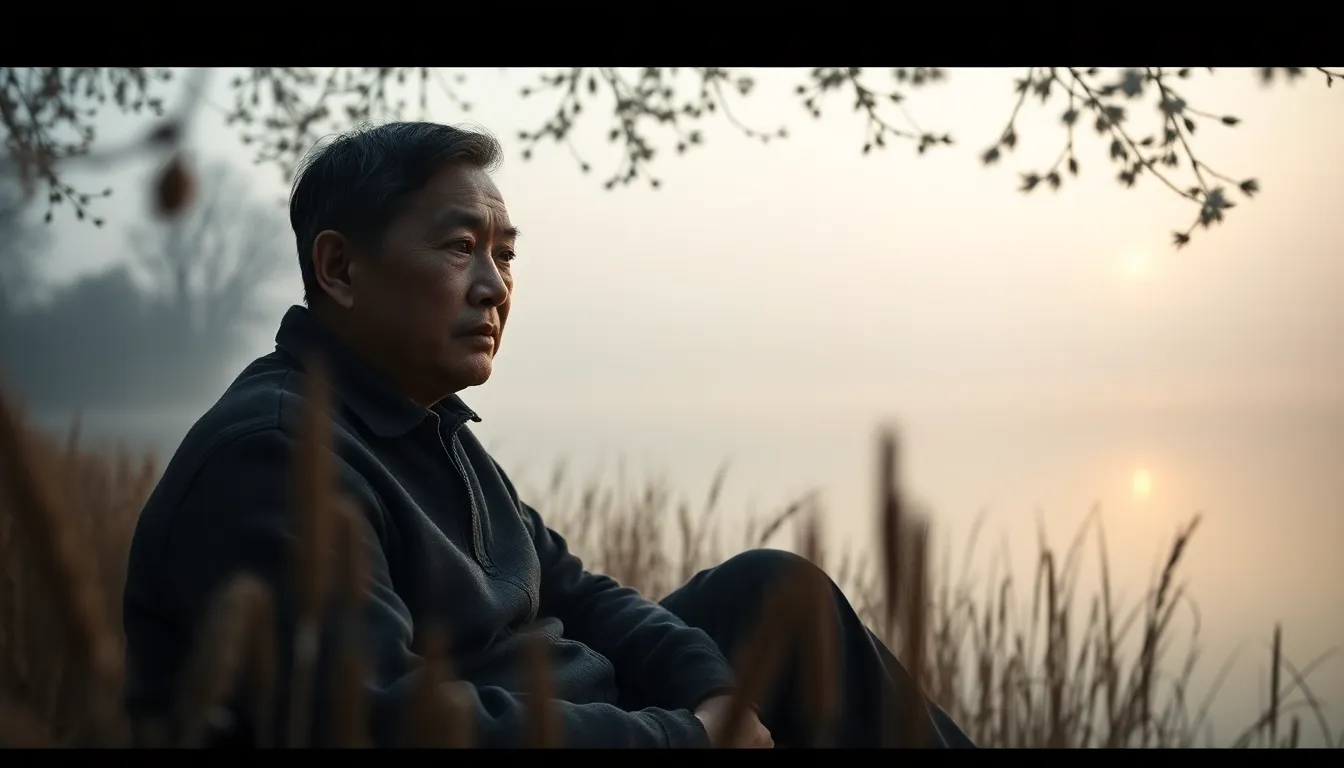 This serene portrait features a middle-aged Asian man sitting contemplatively by a misty lake at dawn. The soft, filtered light through the fog creates an ethereal atmosphere, enhancing his tranquil expression. Muted earth tones dominate the scene, invoking feelings of calm and reflection. Delicate branches frame the composition, drawing the eye to his insightful gaze amidst the natural beauty.