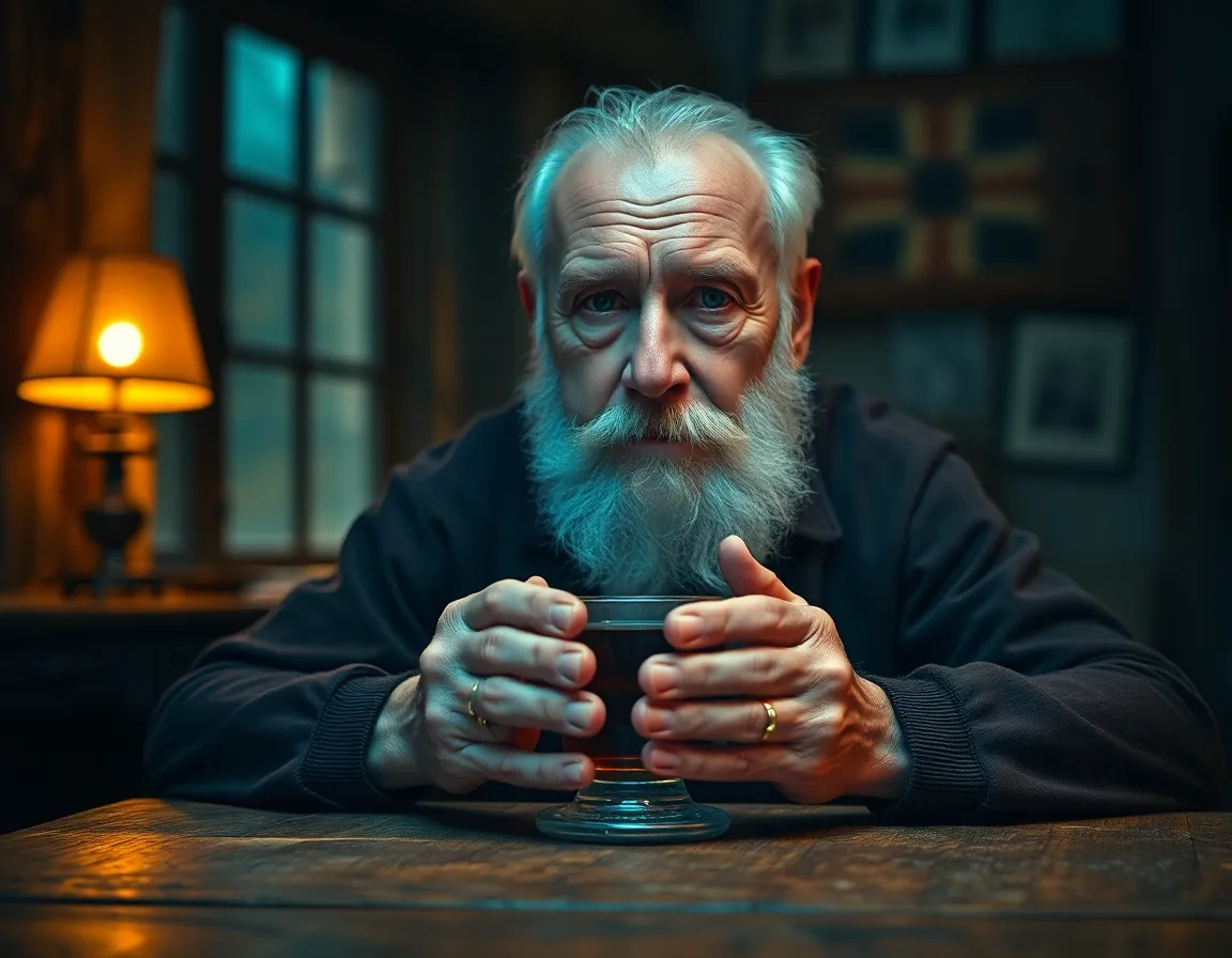 This portrait features an elderly man with a white beard sitting at a rustic wooden table, captured under warm tungsten lighting. His deep-set features reveal a lifetime of experiences, complemented by the soft glow of a nearby lamp. The focus is drawn to his expressive eyes and weathered hands around a steaming cup of tea, with a beautifully blurred background that adds a cozy and intimate feel to the scene. The color grading enriches the emotional tone of the image.