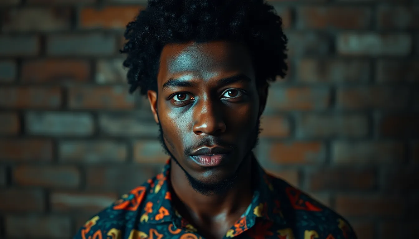 In this striking portrait, a confident Black man in his thirties is captured against a textured brick wall, illuminated by dramatic Rembrandt lighting. His curly dark hair and vibrant patterned shirt pop against the cinematic teal and orange backdrop. The shallow depth of field ensures a powerful focus on his expressive features, exuding charisma and strength.