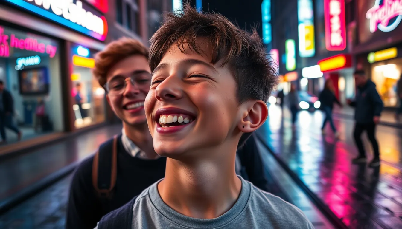 A vibrant urban portrait featuring a teenage boy laughing with friends, illuminated by colorful neon signage reflecting on wet pavement. The playful atmosphere is enhanced by the joyous expressions of the group, creating a lively and authentic moment. Shot with a shallow depth of field, the scene captures the essence of youth and friendship in a bustling city environment. This candid shot beautifully showcases the energy and vibrancy of urban life, ideal for youth culture or lifestyle themes.