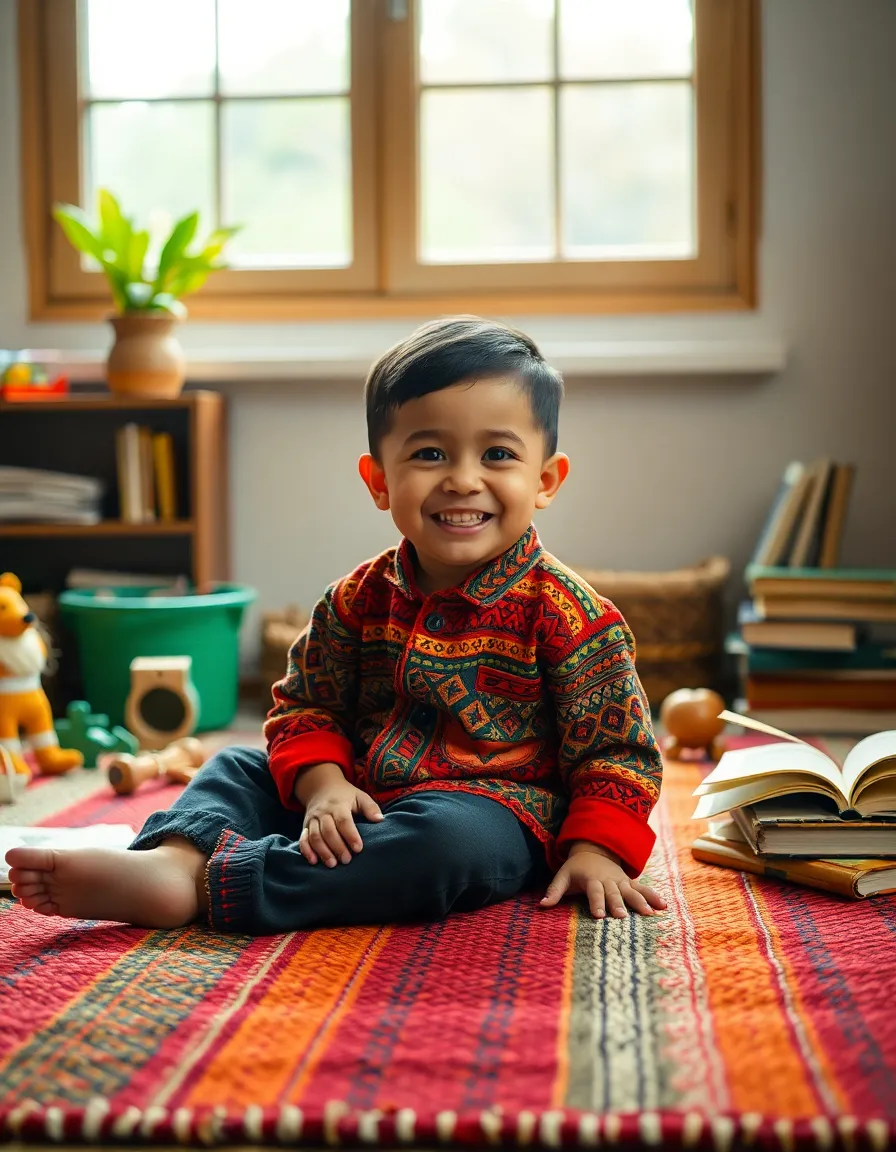 This heartwarming portrait features a young Hispanic boy sitting on a colorful woven rug surrounded by traditional toys and books. The soft, diffused light from a nearby window highlights the rich textures of his vibrant clothing and the woven rug he sits upon. His joyful expression radiates playfulness, captured with a shallow depth of field that emphasizes the intimate details of his environment. The warm, muted tones add to the inviting feel of the scene, making it a perfect representation of childhood wonder.