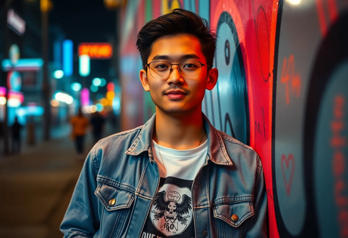 A striking urban portrait of a young Asian man leaning confidently against a vibrant graffiti wall, exuding an edgy and contemporary vibe. The colorful neon reflections illuminate his features, enhanced by the dynamic composition and Dutch angle. Dressed in a casual outfit, he embodies a relaxed yet vibrant urban lifestyle, making the image come alive.
