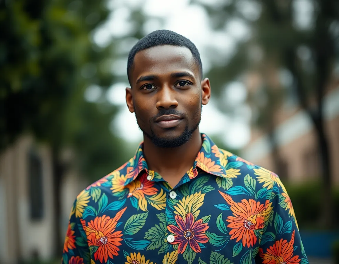 This striking portrait captures a young African-American man exuding confidence in a vibrant printed shirt. The overcast lighting provides an even glow, drawing attention to his natural features without shadows. With a rich color palette inspired by Fujifilm Velvia, the image celebrates cultural fashion and identity. The centered composition allows his piercing gaze to connect directly with the viewer.