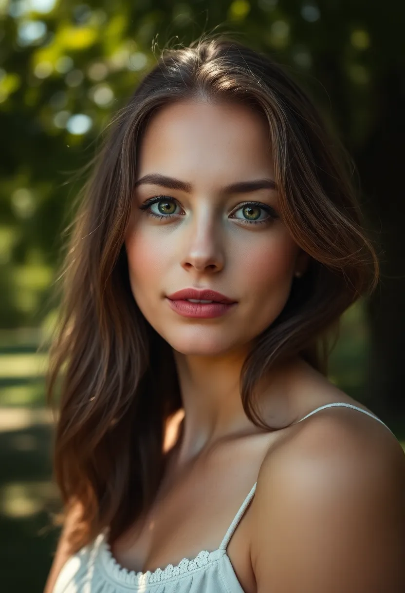This enchanting portrait features a young Caucasian woman posing gracefully outdoors, surrounded by nature. Dappled sunlight filters through the trees, creating mesmerizing bokeh highlights that add depth to the scene. The shallow depth of field ensures her face is in sharp focus, while vibrant natural tones enhance her organic beauty. With a rule of thirds composition, her expressive eyes draw viewers into her thoughtful gaze.