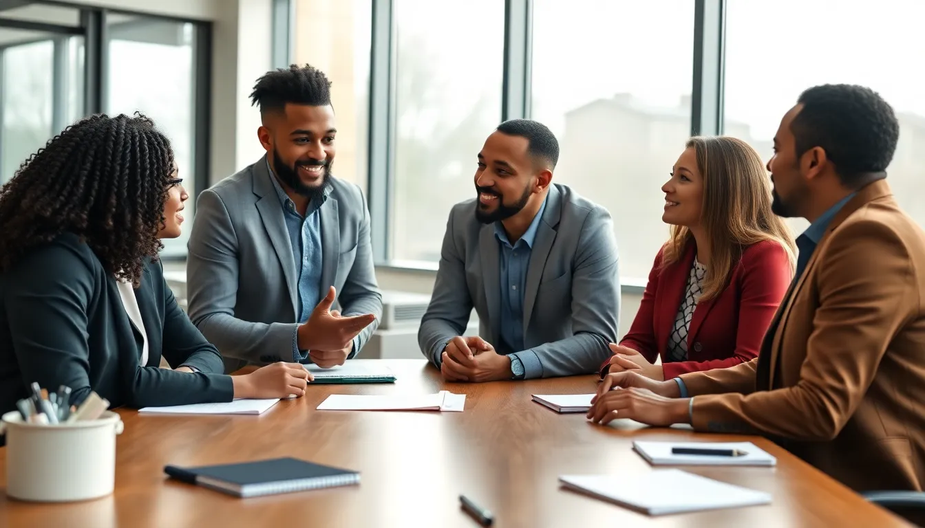 Diverse Team Collaborative Presentation A diverse team of professionals, consisting of men and women from various backgrounds, actively participates in a collaborative business presentation. The setting is a modern conference room bathed in soft overcast daylight, creating an inclusive and engaging atmosphere. The primary speaker is highlighted at a power point, while teammates listen attentively, showcasing a professional dynamic. The warm wooden conference table and scattered documents add to the authenticity of the scene.
