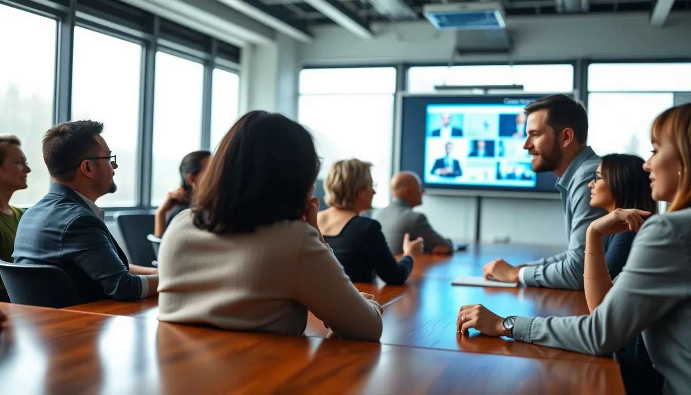 This photorealistic image captures a diverse group of professionals engaged in a lively presentation within a modern conference room. Large windows provide soft, diffused natural lighting, enhancing the warm tones of their skin. The scene showcases a well-designed slide projected on the wall, while the wooden table adds warmth and texture to the setting. Subtle reflections on the tabletop create depth, as the group leans in, showcasing their engagement and collaboration.