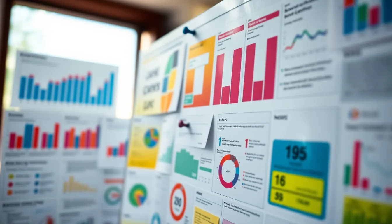This close-up image showcases a meticulously organized presentation board filled with colorful charts, notes, and elegant pushpins. Natural light illuminates the textures of the paper, enhancing the vibrant colors and inviting the viewer to explore the details. The shallow depth of field provides a dreamy backdrop, allowing the focus to remain on the informative materials. The bright colors and centered composition create an engaging visual, ideal for representing preparation and organization in a business setting.