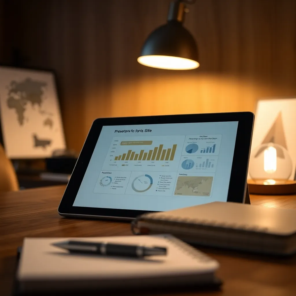 This close-up captures a digital tablet displaying detailed graphs and statistics from a business presentation. Illuminated by a warm tungsten lamp, the scene feels intimate yet professional. The selective focus draws attention to the tablet, while the textured wooden desk adds depth to the image. The muted color tones create a serious yet inviting atmosphere, perfect for conveying the importance of data in presentations. A blurred notebook and pen subtly frame the composition.