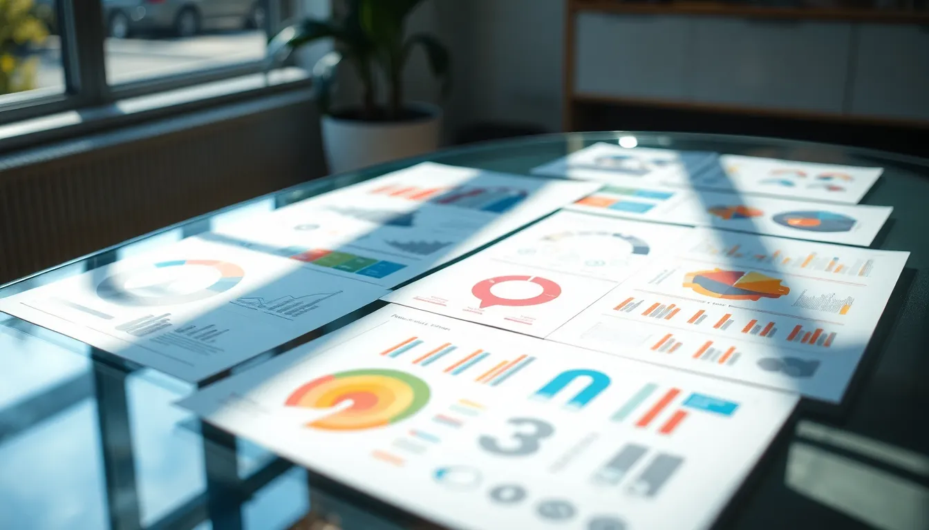 This striking close-up image showcases an array of vibrant infographics laid out on a sleek glass table. Natural daylight floods the scene, creating stunning reflections and highlights on the table's surface. The hyperfocal focus captures intricate details, from the textures of the paper to the clarity of the colors in the infographics. With a saturated color palette, this image presents a visually dynamic aspect of business presentations, perfect for marketing and educational purposes.