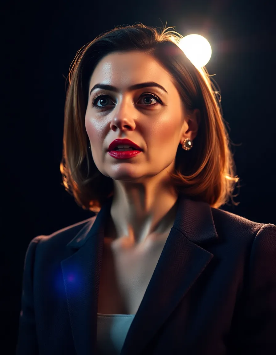 In this captivating studio portrait, a confident businesswoman passionately delivers her presentation. The striking teal and orange color grading creates a visually dynamic effect, while the shallow depth of field keeps the focus solely on her. The sharp details of her wool blazer and vibrant lipstick add texture and color contrast against the dark backdrop. Her expression exudes confidence, making this image perfect for representing leadership in business settings.