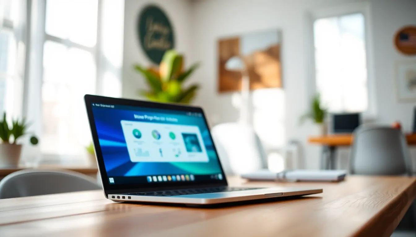 Creative Presentation on Laptop Screen This close-up image focuses on a laptop displaying a vibrant presentation slide, set in a bright and inviting workspace filled with natural light. The rich colors of the slides pop against the soft white of the desk, creating an energetic yet professional ambiance. The bokeh effect adds depth, directing attention to the innovative content being presented. This composition highlights the intersection of technology and creativity in modern business settings.