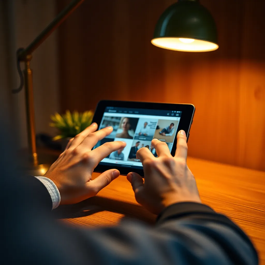 Hands Presenting on a Tablet This close-up image captures a person's hands expertly presenting digital slides on a tablet. Warm tungsten lighting creates a cozy, focused atmosphere ideal for business settings. The meticulous detail on the tablet and fingers contrasts beautifully with the softly blurred wooden desk in the background. This image is perfect for illustrating modern presentation tools in business.