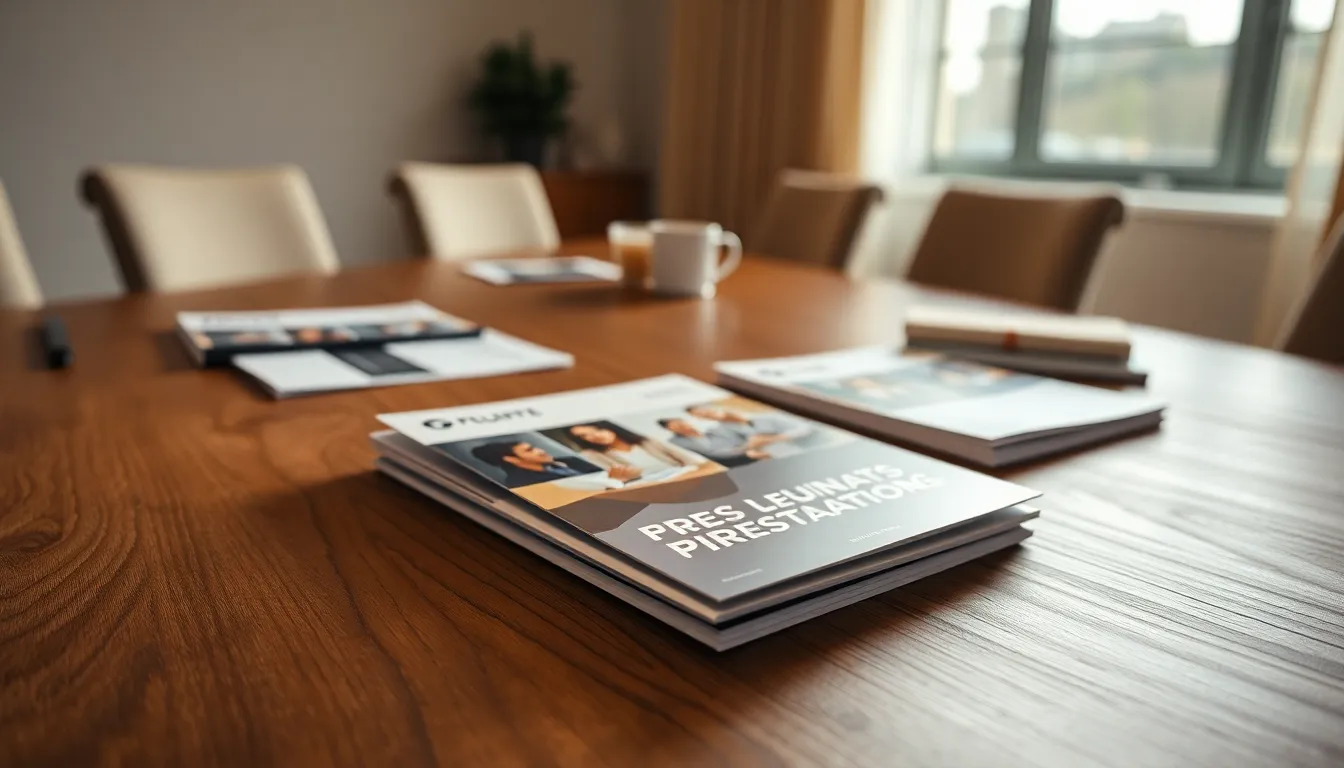 This detailed macro image presents an aesthetically pleasing arrangement of business presentation materials on a textured wooden conference table. Soft, warm light from a nearby window bathes the scene, creating a cozy yet professional atmosphere. The focus is on a beautifully designed brochure, showcasing crisp graphics and vibrant colors against the natural muted tones of the wood. The symmetrical layout adds visual appeal, making it suitable for business-related content.