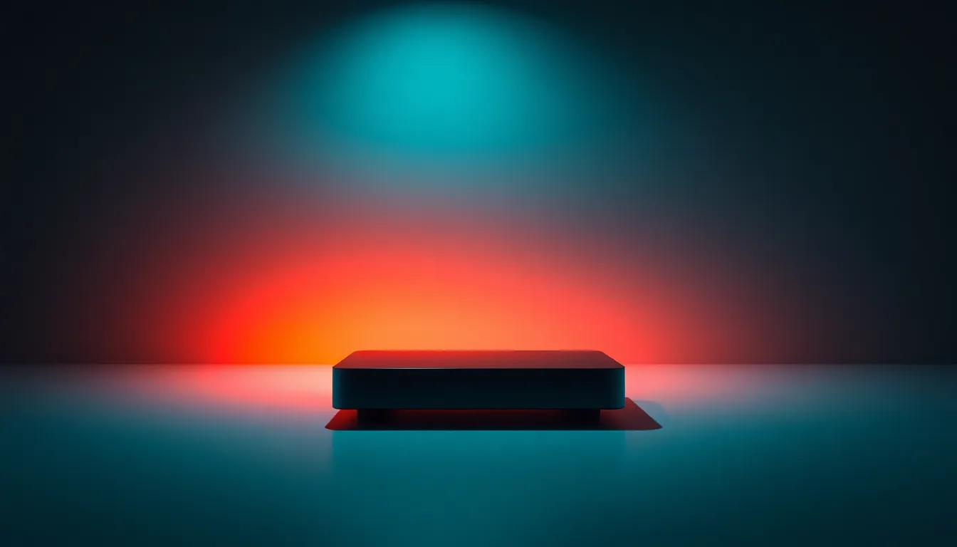 This eye-catching image features a sleek digital presentation device elegantly positioned against a minimalist backdrop. Dramatic lighting casts sharp shadows, enhancing the device's design and creating a high-contrast visual. The shallow depth of field draws attention to the device, while the background fades into a soft gradient. The cinematic teal and orange color grading adds a modern touch, making this image ideal for showcasing technology and innovation in business settings.