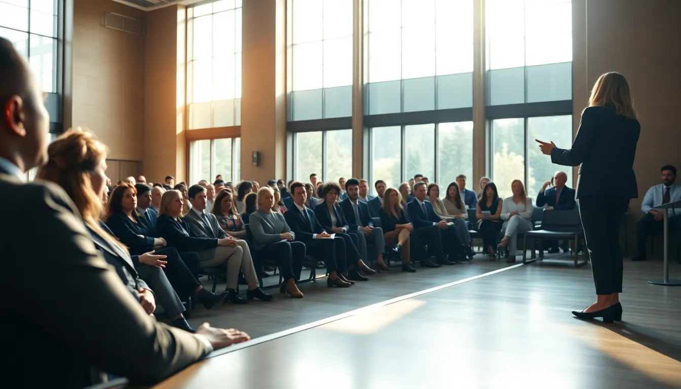 This captivating close-up image showcases a businesswoman passionately delivering a presentation to a captivated audience. Natural daylight streaming through tall windows illuminates the scene, enhancing the warm, inviting atmosphere. Sharp focus on both the speaker and the crowd emphasizes their engagement and connection, while muted earth tones create a professional tone. The polished floor reflects soft light, adding depth to the overall composition.