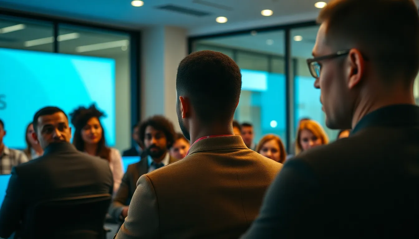 This image captures a diverse group of professionals in a modern conference room during a presentation. The warm lighting from desk lamps creates an inviting atmosphere, while the speaker commands attention with natural expressions. With a subtle color palette of muted earth tones and vibrant blues from screens, the composition highlights teamwork and engagement. The slightly blurred audience in the background adds focus to the presenter, making this scene ideal for business-related visuals.