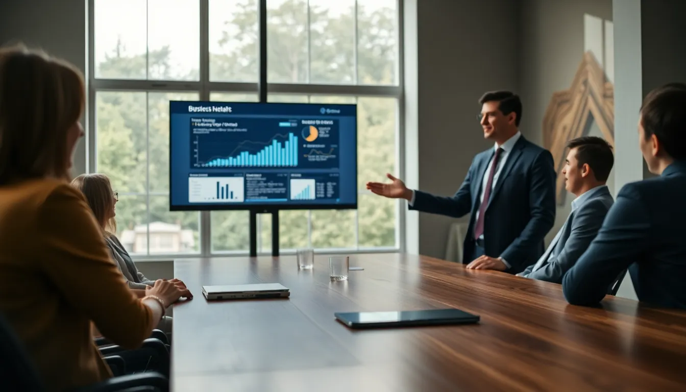 This image captures a professional setting where a well-dressed presenter is passionately engaging an audience while gesturing towards a digital presentation on a screen. The room is filled with natural light from large windows, creating a calm ambiance. The muted color palette enhances the seriousness of the meeting. The composition focuses on the presenter, ensuring clarity of expression and body language. A wooden table adds warmth to the modern space, enriching the overall aesthetic.