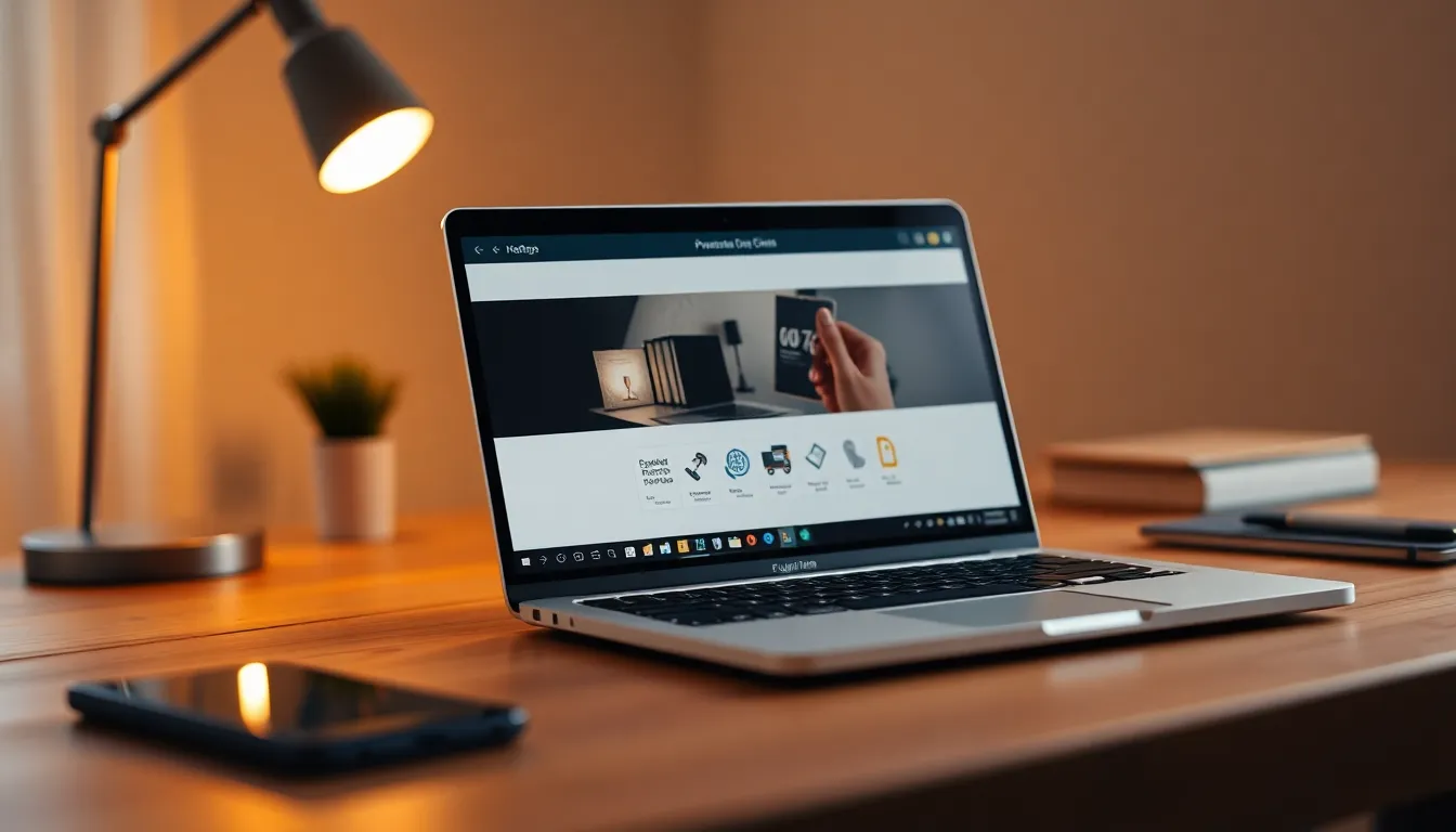 This intimate and detailed image showcases a sleek laptop displaying a presentation on a contemporary wooden desk. The warm tungsten lighting creates a cozy atmosphere, highlighting the laptop's modern design and the richness of the wood grain. The blurred background enhances the focus on the laptop, making it an ideal visual for tech-related presentations and workspace inspirations. The close-up perspective invites viewers to engage with the content, making it a perfect addition to corporate or entrepreneurial contexts.