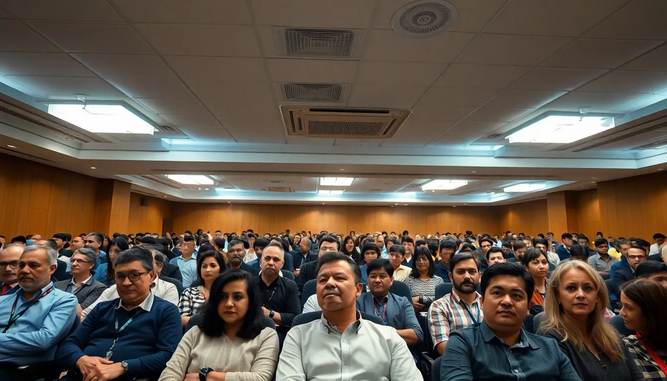 This image captures a large conference room where a diverse audience attentively listens to a business presentation. Bright overhead lights illuminate the scene, creating an engaging atmosphere. The hyperfocal depth ensures sharp detail from the audience in the foreground to the presenter in the background. The natural color palette highlights the variety of clothing styles, representing inclusivity. The wide-angle composition conveys a sense of the room's scale and the engagement level during the presentation.
