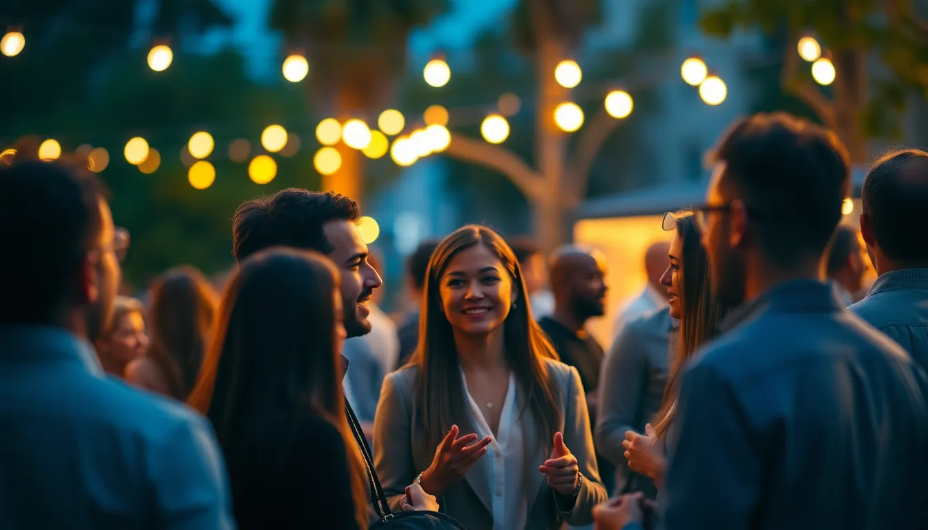 Set during a vibrant twilight networking event, this image captures professionals mingling under elegantly strung lights. The warm ambient glow casts a welcoming light on their faces, fostering a sense of connection and collaboration. A shallow depth of field enhances the focus on the animated group engaged in conversation, while a soft bokeh background suggests a larger community gathering. The rich dark blues and warm yellows create an inviting evening ambiance, perfect for emphasizing networking and relationship building.