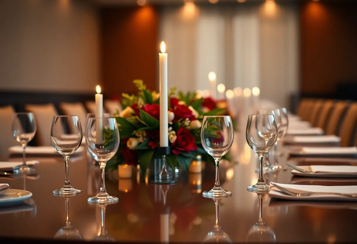 Elegant Conference Table Setup for Presentation A close-up of an elegantly arranged conference table prepared for a corporate presentation. The table is beautifully set with polished glassware and a vibrant floral centerpiece that pops against the warm candlelight. This inviting atmosphere highlights the attention to detail in professional settings, where aesthetics contribute to the overall presentation experience. With shallow depth of field and warm tones, the image evokes a sense of sophistication and professionalism.