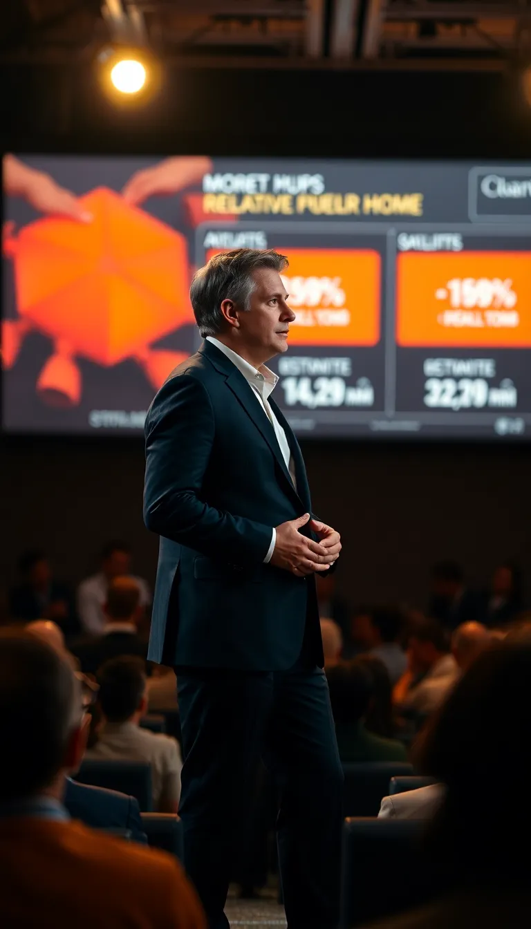 Executive Delivering a Powerful Presentation An executive confidently presents on stage, illuminated by a dramatic spotlight that emphasizes their presence. Behind them, a large screen displays impactful statistics, further engaging the audience. The warm color palette creates an inviting yet professional atmosphere. The shallow depth of field isolates the speaker against a blurred audience, capturing their confident posture and dynamic expression. The image highlights the textures of the suit and the smooth surface of the presentation screen, enriching the visual narrative of a professional setting.