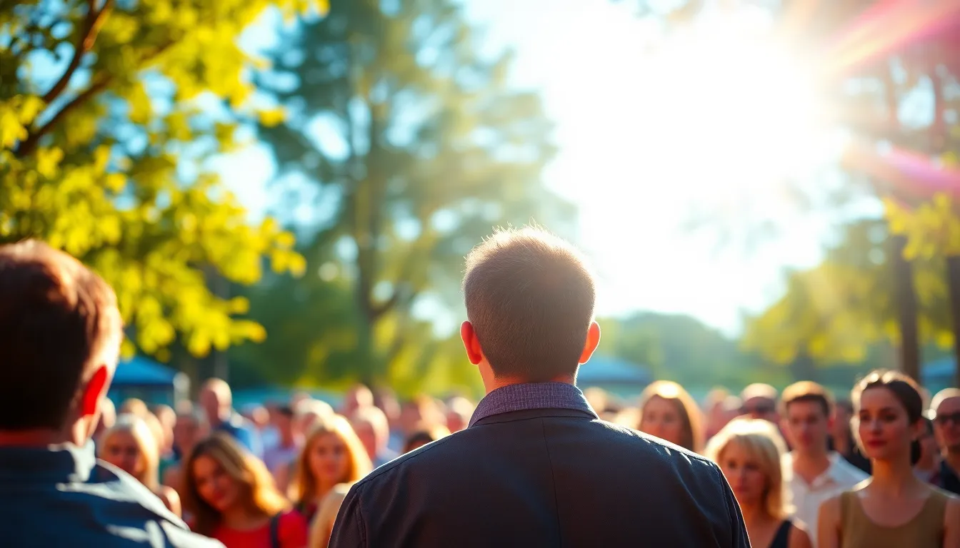 This image showcases a speaker confidently addressing a packed audience during an outdoor business conference. Bright midday light illuminates the scene while nearby trees offer dynamic, soft shadows. The speaker is sharply focused against a beautifully blurred background, drawing attention to their engaging presentation. The warm Kodak Portra color palette enhances the natural setting, and the leading lines of the crowd create a sense of unity and focus on the speaker.