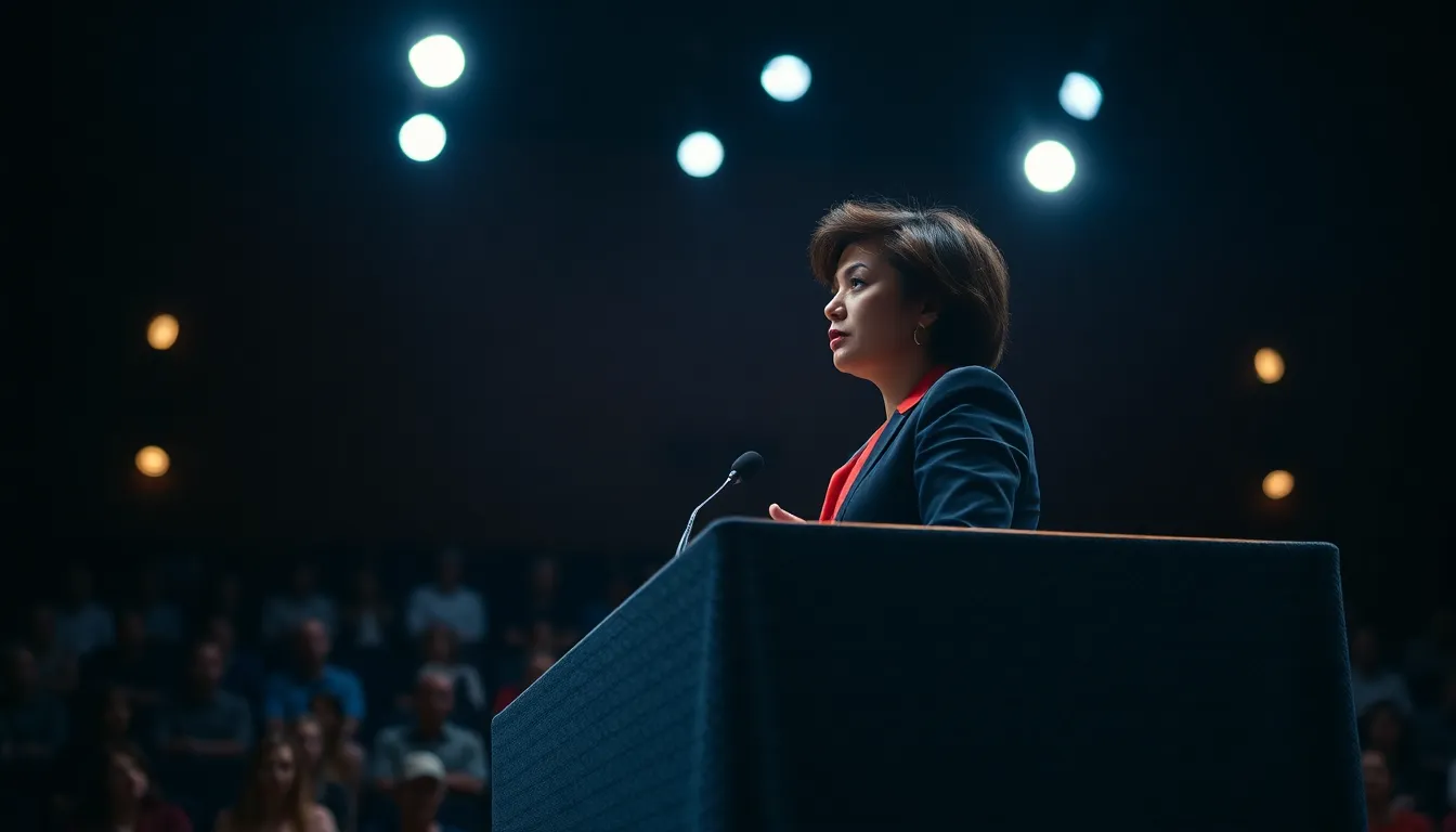 This striking image features a female speaker confidently addressing an audience from a podium in a dimly lit auditorium. Spotlights create a dramatic effect, focusing on her as she engages with the crowd. The shallow depth of field beautifully blurs the background, highlighting her passionate expression and professional attire. The cinematic color grading adds a rich ambiance, making this image perfect for illustrating leadership and public speaking.