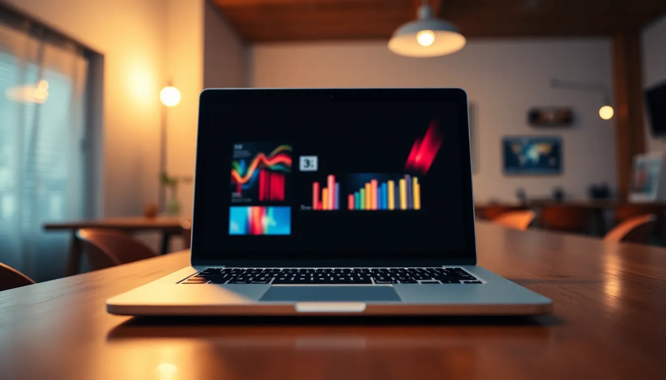 This close-up image features a laptop displaying a vibrant presentation slide set on a polished wooden table. Warm overhead light enhances the cozy ambiance, while the shallow depth of field directs focus toward the laptop, creating a sense of intimacy. The warm color palette inspired by Kodak Portra 400 imbues the scene with inviting tones, ideal for business and tech presentations. The composition, using the rule of thirds, effectively highlights the details of the laptop and its contents.