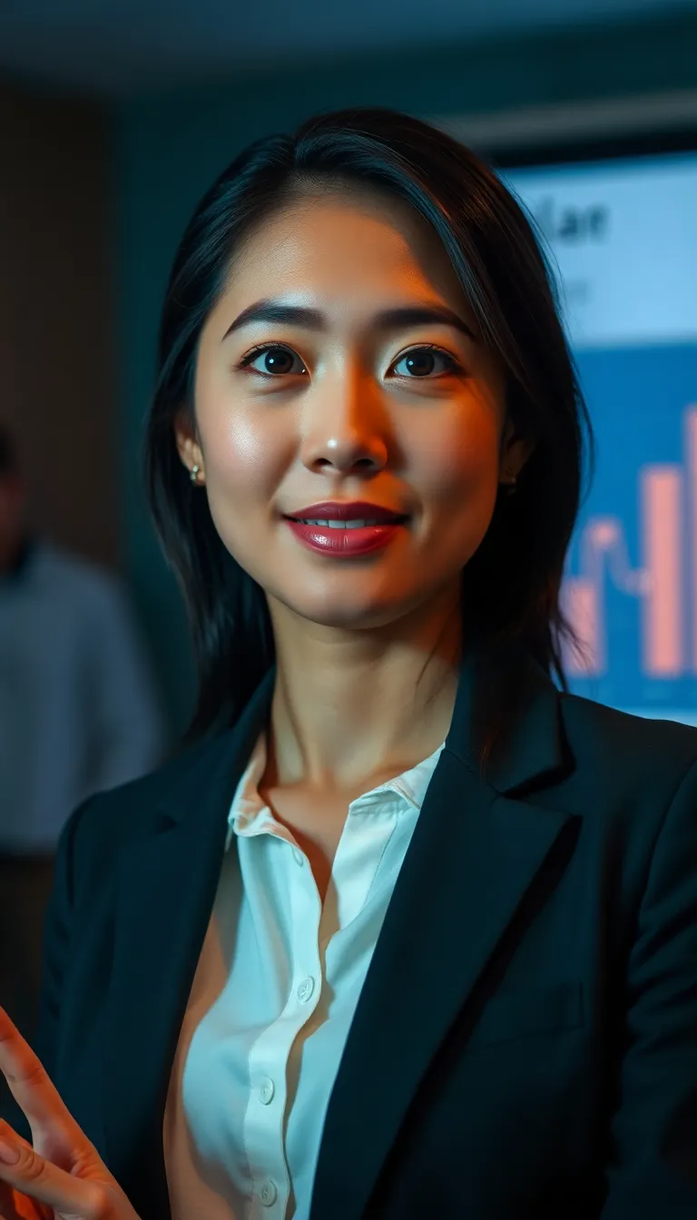 Confident Businesswoman Presenting with Data Chart A confident businesswoman stands in front of a data chart, passionately delivering her presentation. The three-point lighting creates an inviting and professional look, while the shot's shallow depth of field blurs the background, keeping the focus on her. The teal and orange color grading adds a cinematic feel that draws the eye. With stylish attire and a confident expression, she embodies modern professionalism, making the image suitable for corporate branding and promotional materials.