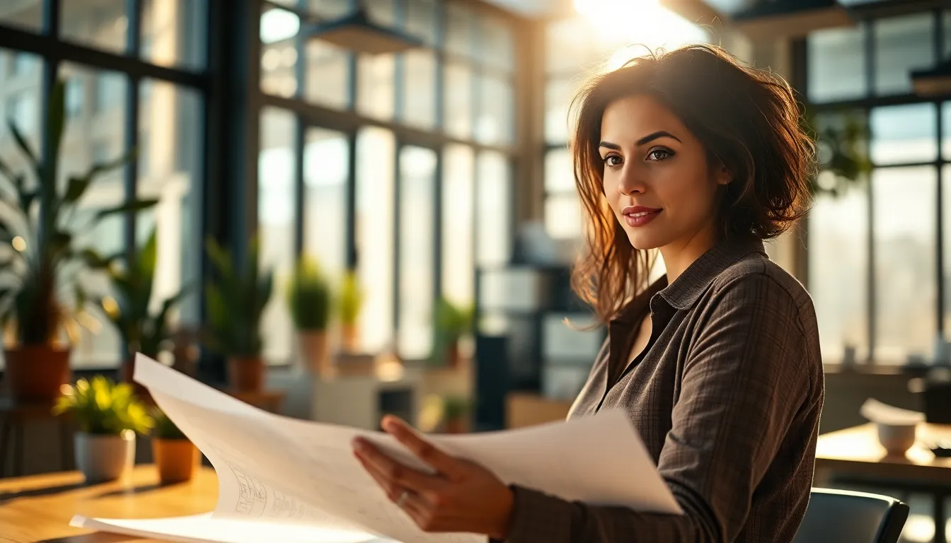 This photorealistic image depicts a female architect focused on her blueprints in a contemporary office. The warm afternoon sunlight highlights her thoughtful expression while casting intricate shadows around her. The setting combines modern design elements with natural textures, creating an inviting workspace atmosphere. The depth of field and muted colors enhance the professional and creative vibe of the image.