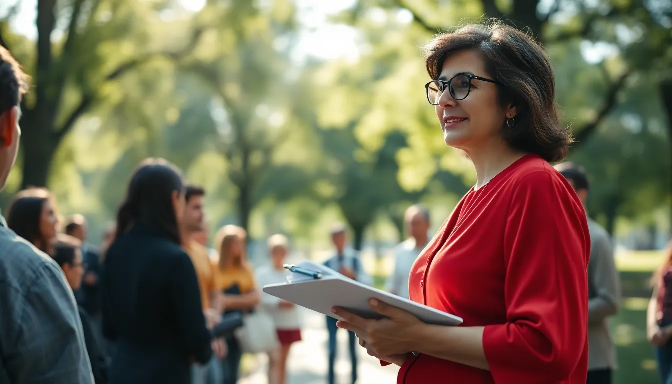 Confident Female Leader in Outdoor Meeting