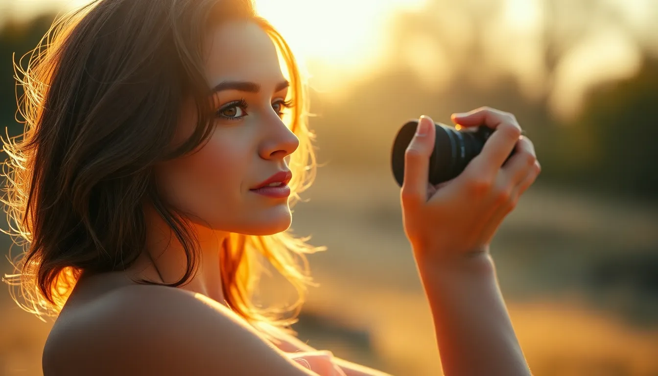 This enchanting image captures a professional female photographer in action, working with a model during golden hour. The warm backlighting creates a magical atmosphere, beautifully illuminating the model's features. The shallow depth of field highlights the model's expressive pose while softly blurring the natural environment. The composition and warm color palette evoke a sense of creativity and artistry, making it a stunning representation of fashion photography.