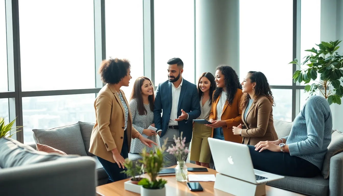 This dynamic image portrays a diverse business team engaged in collaboration within a modern high-rise office. The soft daylight flooding the space emphasizes their enthusiasm and teamwork. Surrounding elements, including sleek office furniture and technology, contribute to a contemporary business atmosphere. The careful composition and attention to detail highlight the professionalism and creativity of the team, making it an ideal representation of modern collaboration.