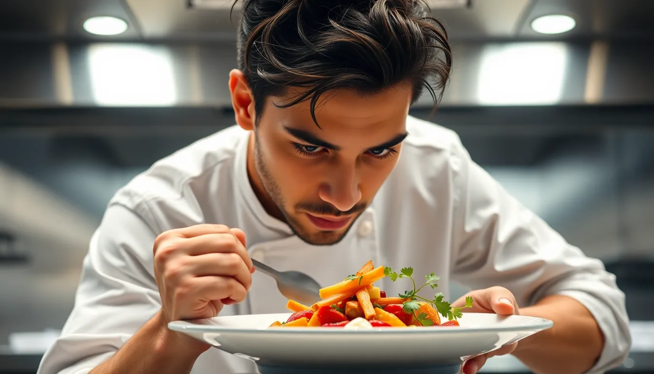 This vibrant image showcases a young male chef expertly plating a gourmet dish in a lively restaurant kitchen. The bright studio lighting accentuates the rich colors of the food, creating a visually striking dynamic. The chef’s concentration and care are palpable, embodying professionalism and artistry. The composition invites viewers to appreciate both the culinary craftsmanship and the bustling kitchen environment.