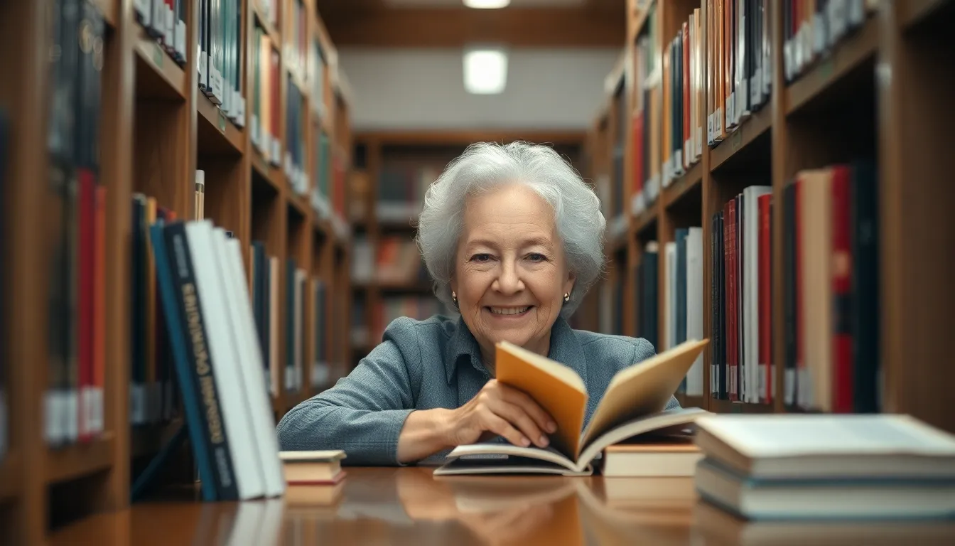 This serene photorealistic image captures an elderly woman librarian meticulously organizing books in a cozy library. The warm lighting and polished wooden floors create a welcoming atmosphere, while her gentle expression reflects a lifetime of knowledge and dedication. The emphasis on texture and color, combined with the meticulous arrangement of books, enhances the feeling of peace and wisdom in this inviting space.