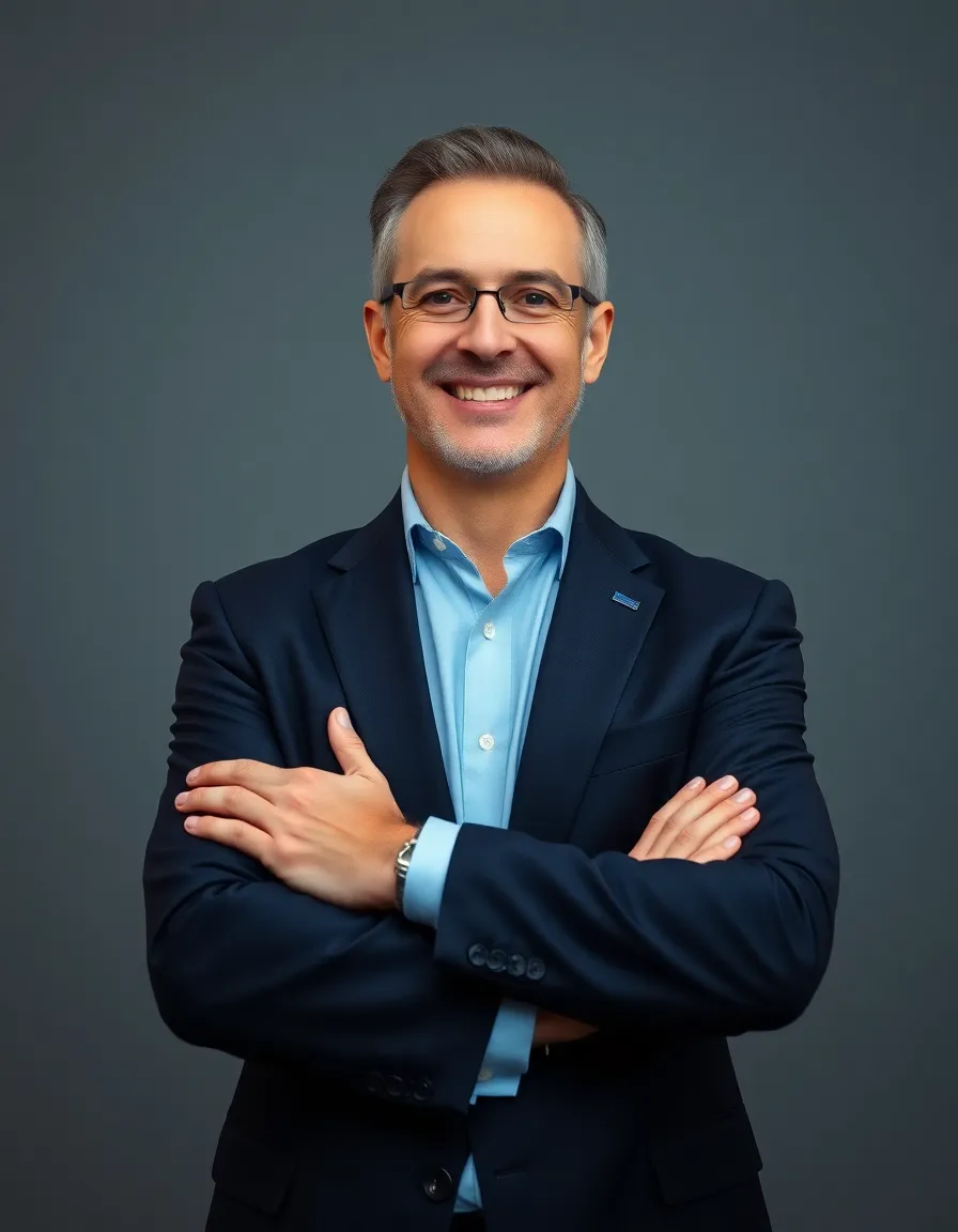 A middle-aged male businessman exudes confidence and warmth, standing against a simple grey backdrop. Dressed in a tailored dark suit, he projects professionalism and authority, with a friendly smile that invites trust. The three-point lighting setup highlights his features effectively, while the cinematic color grading adds a modern touch. This image captures the essence of leadership and success in the corporate world.