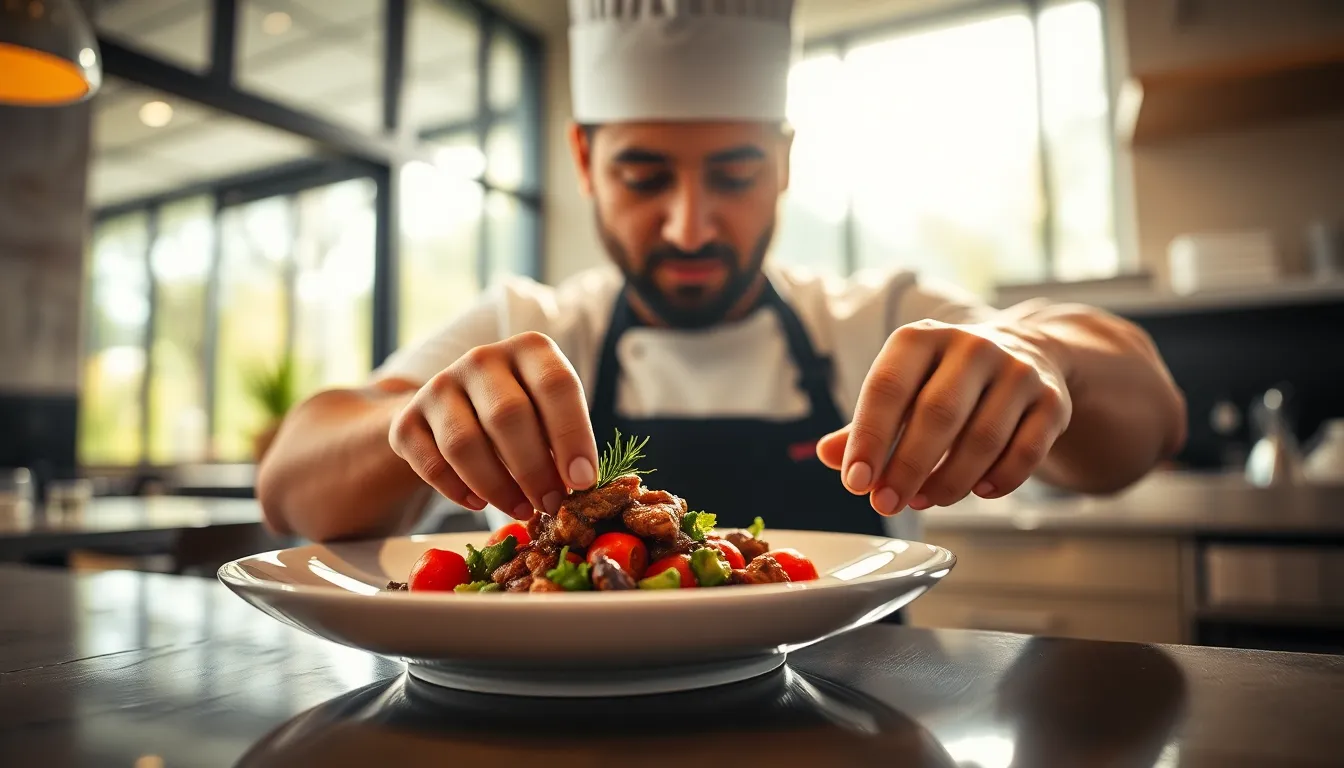Detail-Oriented Chef Plating Gourmet Dish in Kitchen