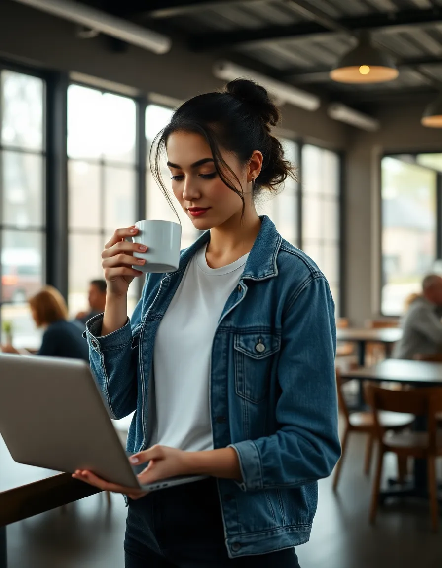 This vibrant image illustrates a young woman seamlessly blending work and relaxation in a trendy café. With a coffee cup in hand and a laptop open, she represents the modern professional. The soft morning light creates a welcoming ambiance, while the shallow depth of field emphasizes her relaxed expression against the soft café background. Muted tones enhance the chic style of her outfit, making this scene perfect for concepts related to contemporary work culture.