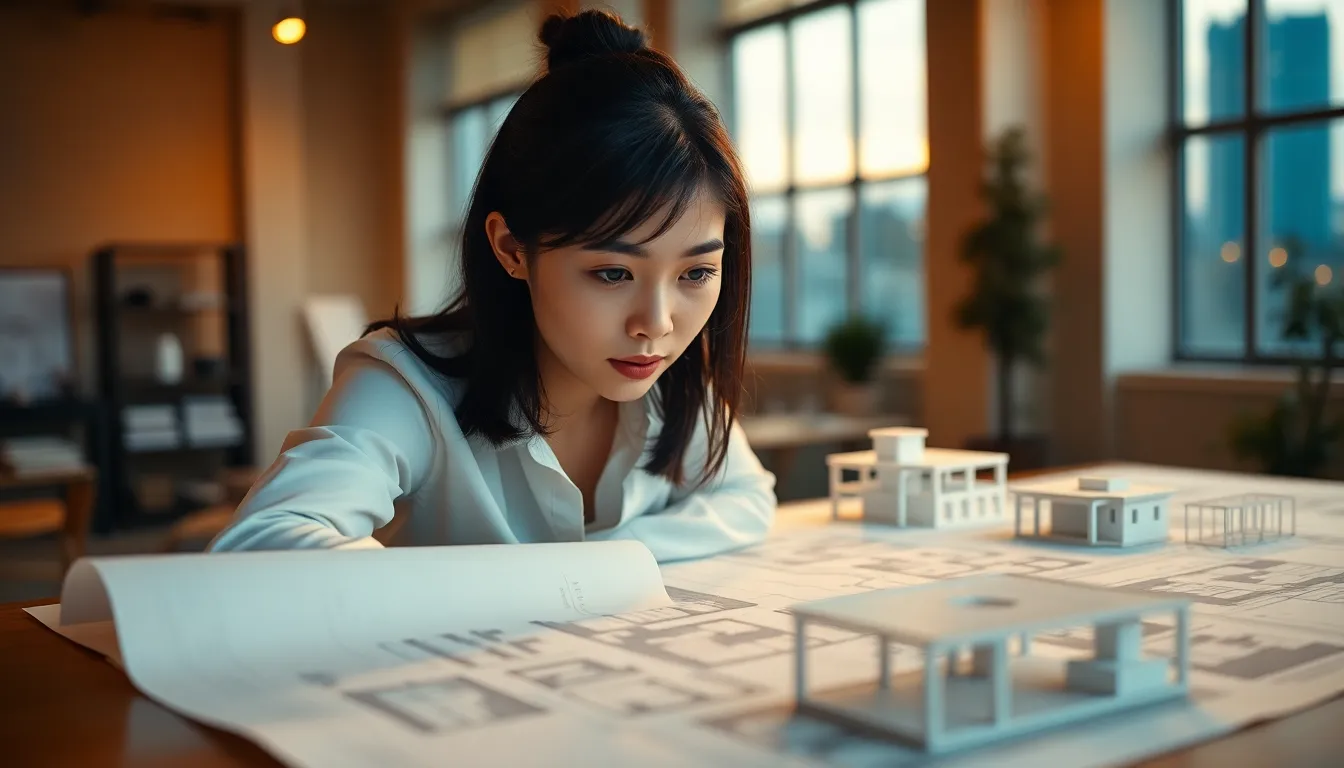 Architect Analyzing Designs in Dusk Light