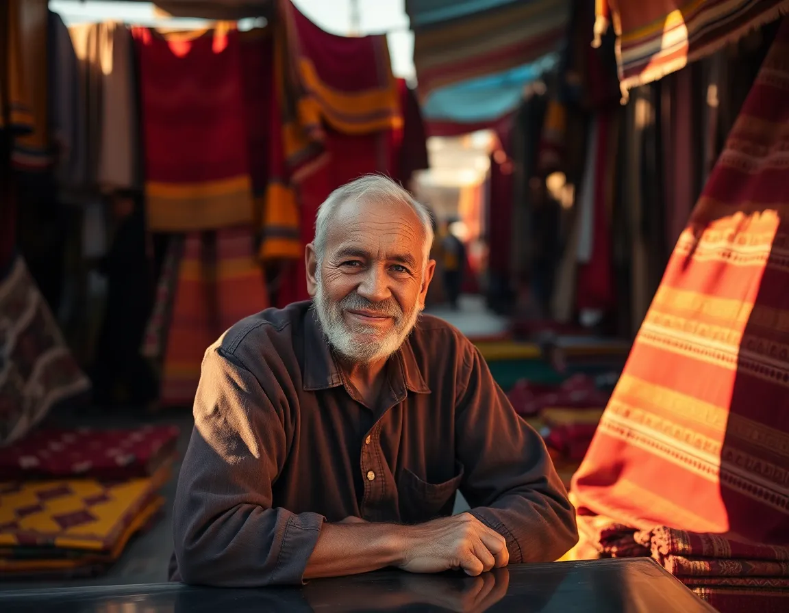 This engaging portrait captures an elderly artisan in a bustling market, surrounded by colorful textiles that reflect his craftsmanship. The warm afternoon sunlight adds depth and vibrancy to the scene, highlighting his smiling face as he engages with customers. A shallow depth of field creates an intimate connection, drawing focus to his expressions amidst a backdrop of rich colors and textures. The composition enhances the lively atmosphere, making it ideal for themes focused on tradition and culture.