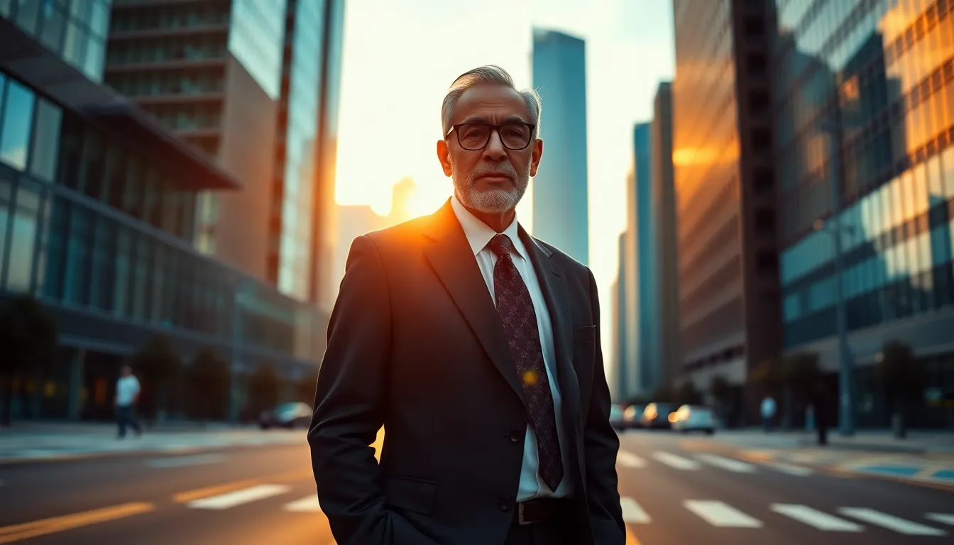 Confident Businessman Against City Skyline