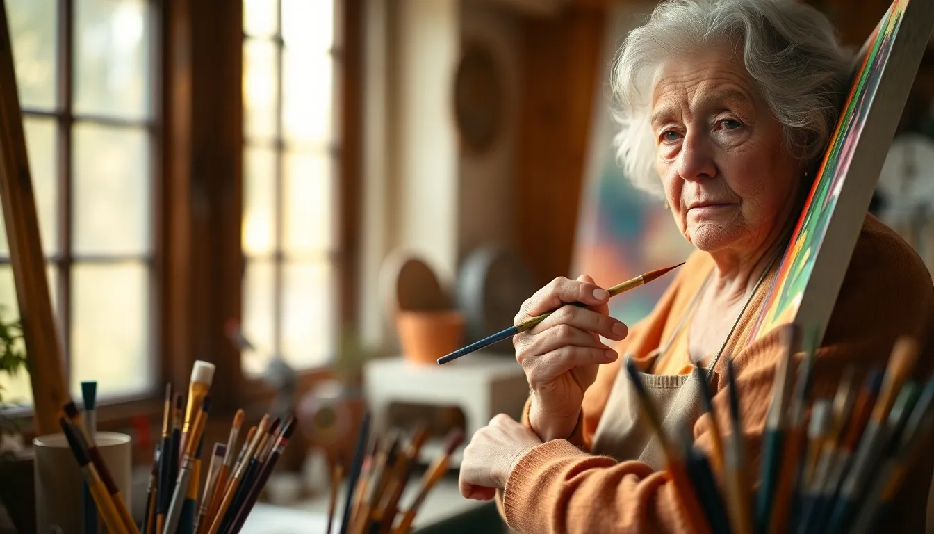This captivating image depicts an elderly female artist immersed in her creative process, working on a colorful canvas in her cozy studio. The soft diffused daylight from the window creates a warm glow, enhancing the textures of her paintbrush strokes. With a shallow depth of field, the focus remains on her expressive hands and loving gaze. The inviting color palette and centered composition provide an intimate glimpse into her artistic world, surrounded by vibrant paints.