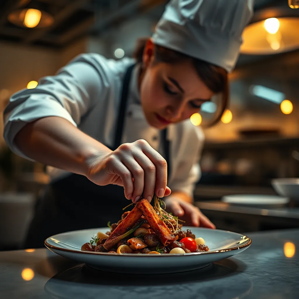 Female Chef Plating Gourmet Dish In Kitchen