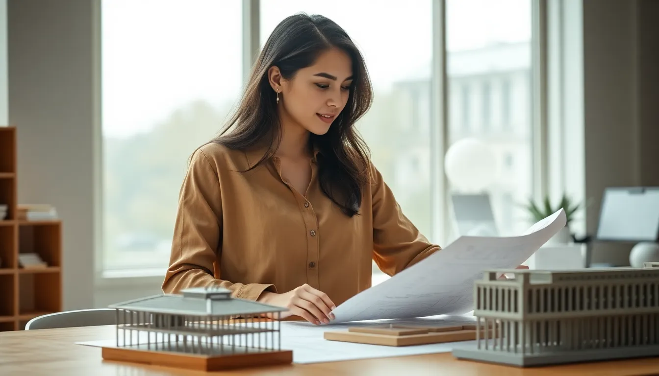 A talented young female architect is immersed in her work, analyzing blueprints and surrounded by intricate architectural models. The soft, diffused daylight streaming through tall windows casts a gentle glow, adding warmth to the wood and metal textures in her workspace. Her focused expression combines both determination and creativity. The muted color palette emphasizes the artistic atmosphere, making this a perfect representation of modern professionalism in architecture.