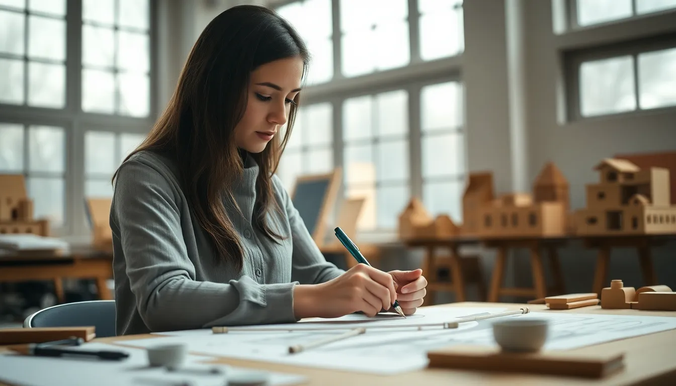 Architect Sketching Designs in Sunlit Workshop