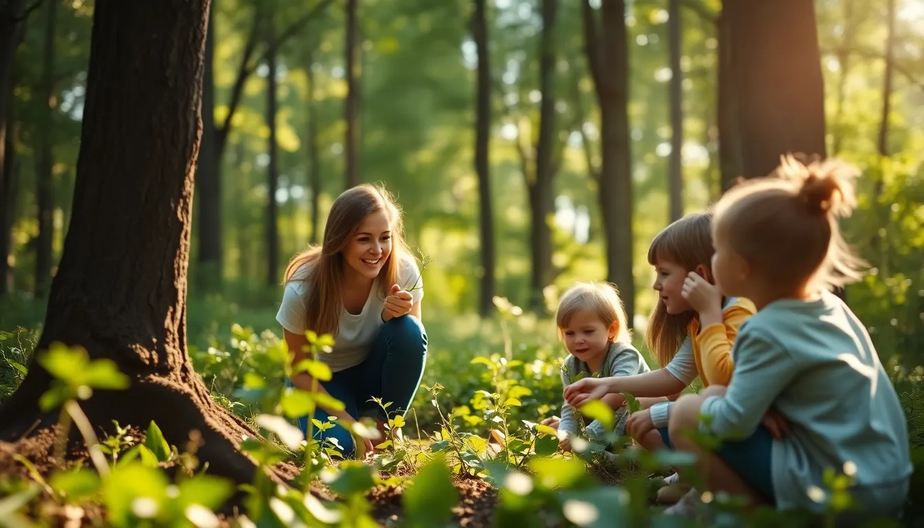 A passionate female outdoor educator kneels in a sunlit forest, joyfully teaching children about plant identification. The dappled sunlight creates enchanting bokeh highlights surrounding the scene, adding a magical feel to the lush greens and browns of the woodland environment. Her engaging presence captures the children's curiosity, making this image a perfect representation of outdoor learning and the beauty of nature.
